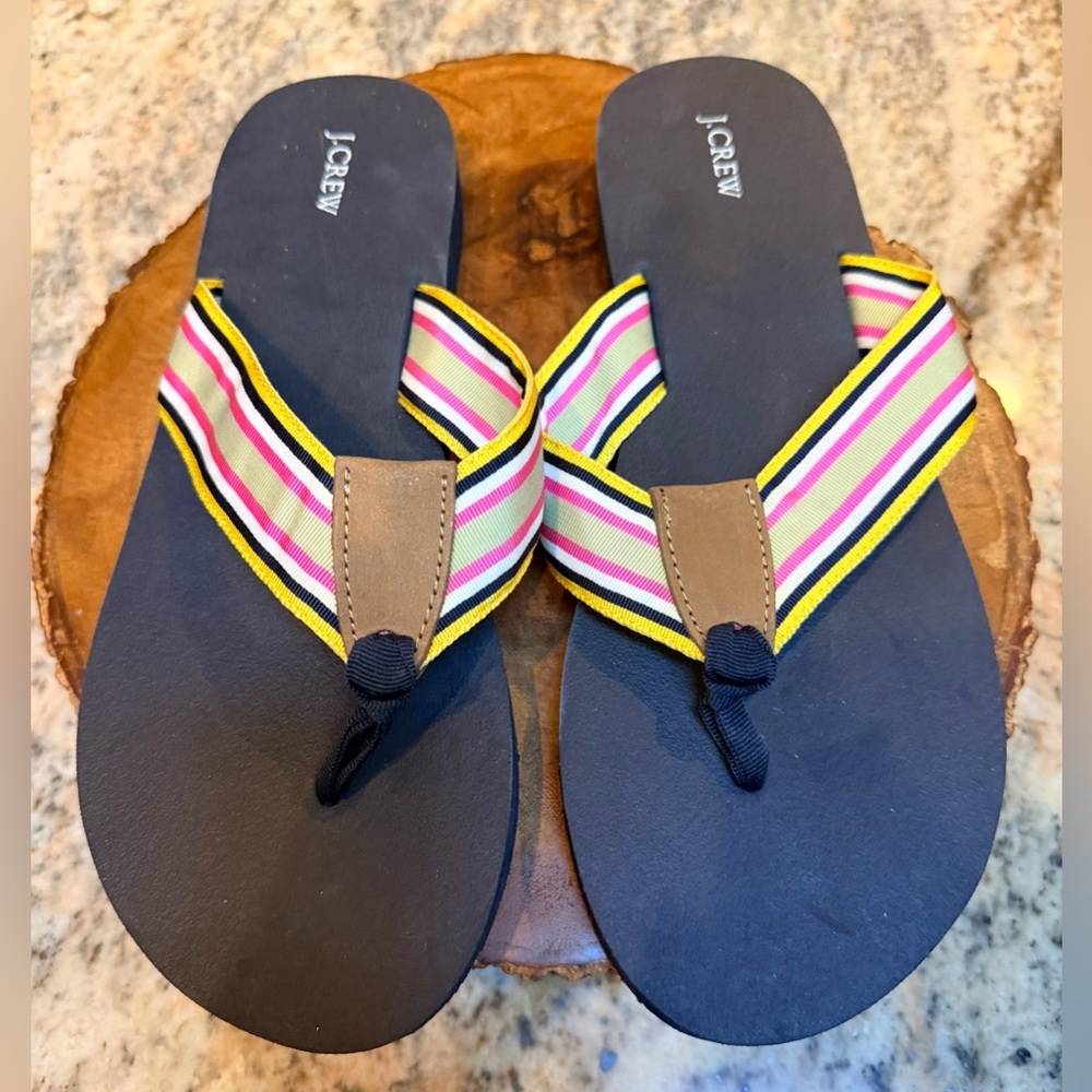 J.Crew Colorful Stripe Flip Flops Women’s Size 10 Navy Pink Yellow Sandals
